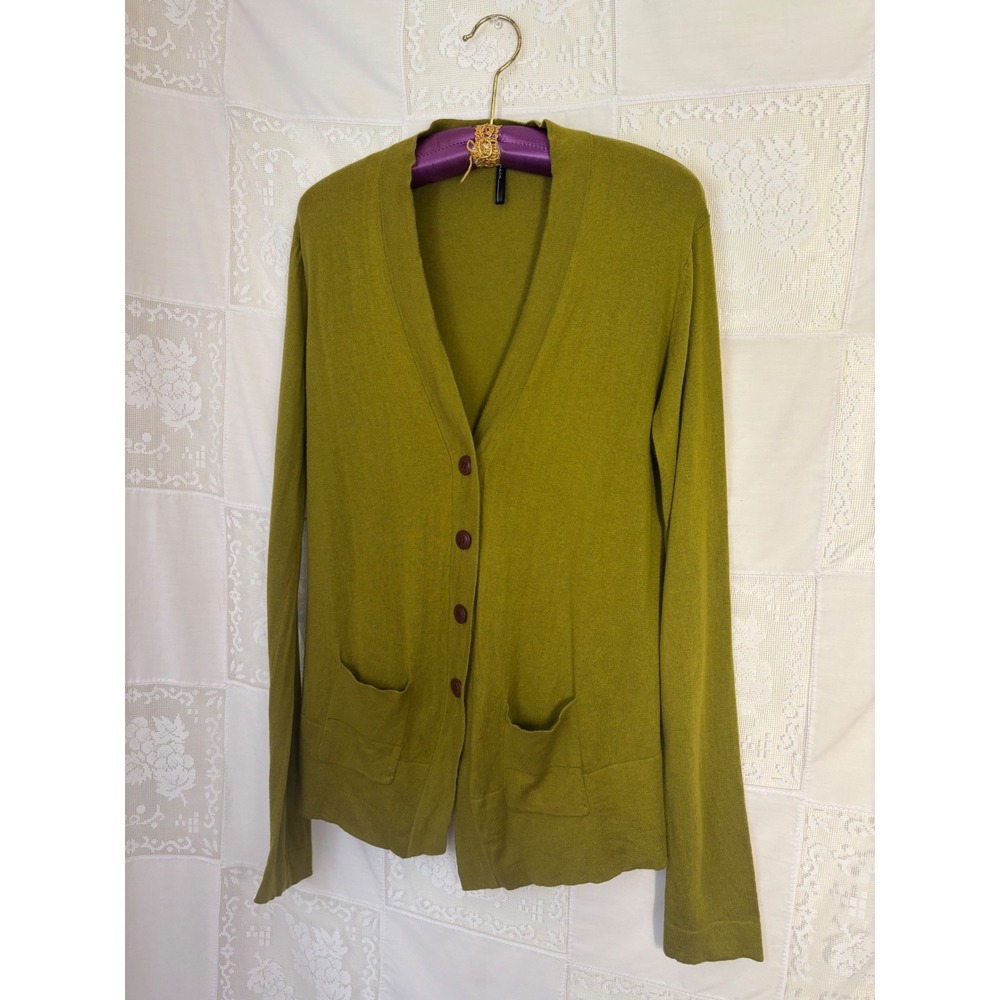 Silk Cashmere Blend Chartreuse Green‎ Boho Chic Button Front Cardigan Size L - Picture 10 of 14
